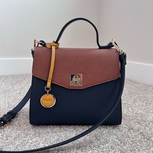 Dune London Women's Navy Blue Yellow and Brown Faux Leather Crossbody Purse New